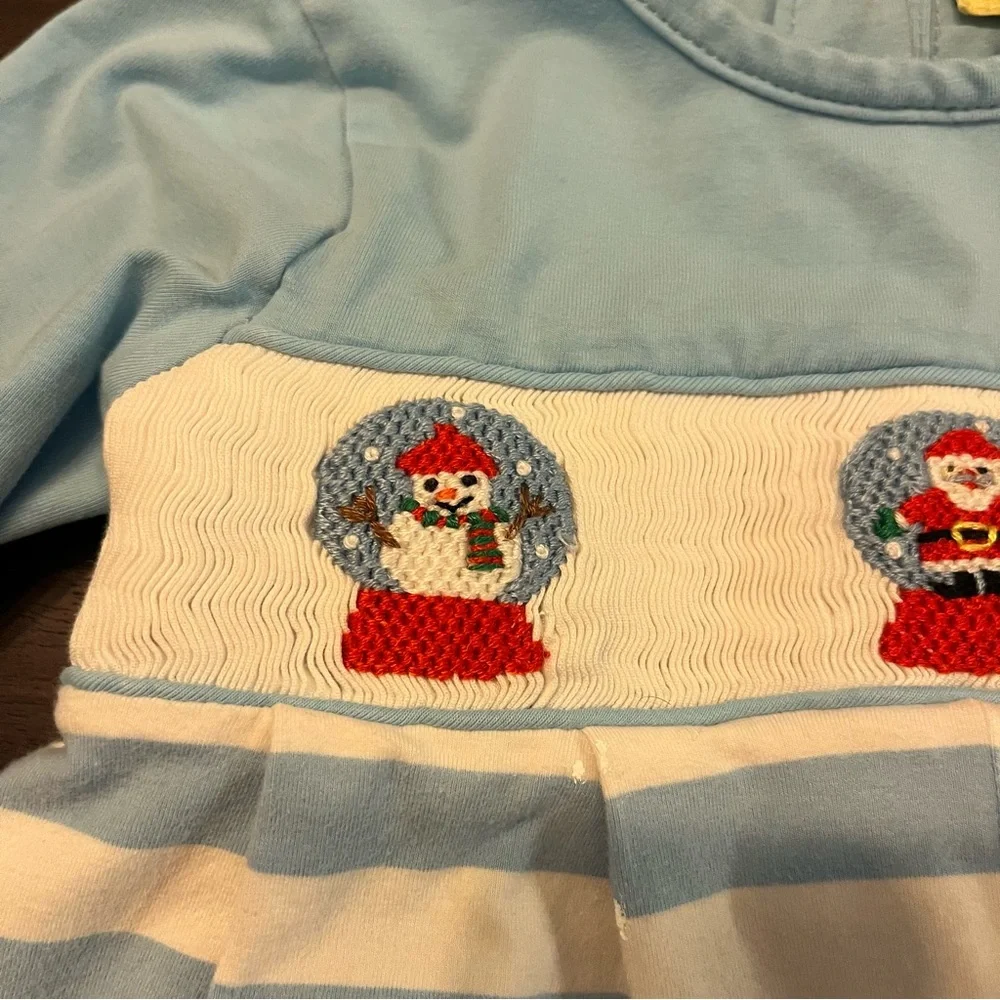 Busy Bee Smocks! Christmas Smocked Snowglobe Santa Stripe Jon Jon Romper 6 Month